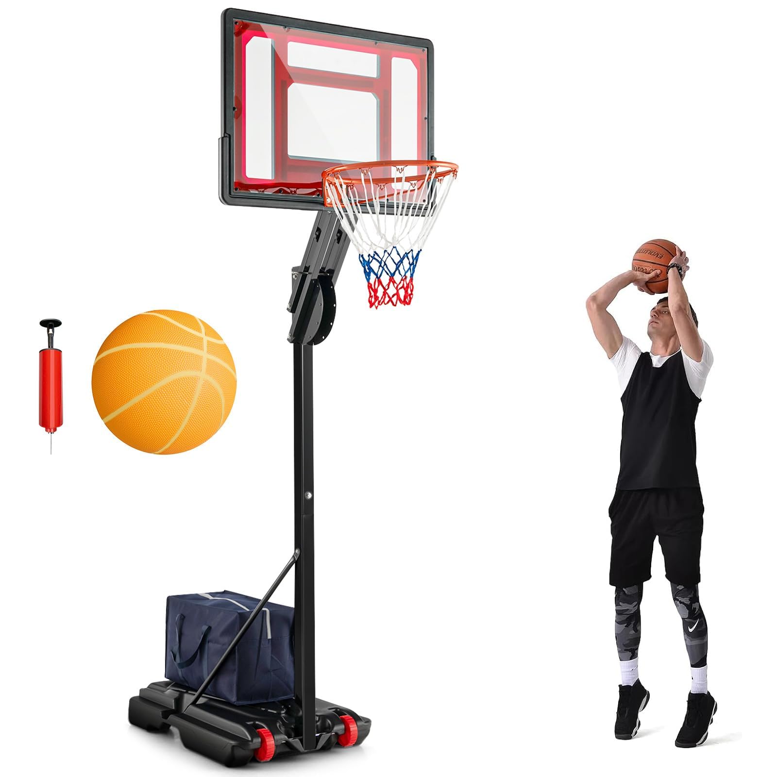 COSTWAY Basketballständer 105-260 cm höhenverstellbar, Basketballkorb Outdoor mit Ständer & 2 Rädern, Korbanlage mit Gewichtssack, Mobile Basketballanlage für Kinder, Jugendliche