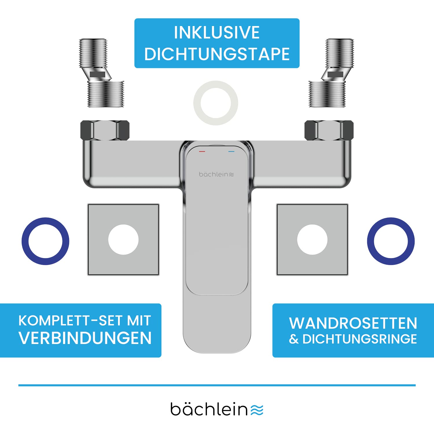 Bächlein Universal Badewannenarmatur Junias in Kantigem Design – Wannenbatterie Komplettset inkl. allem Zubehör – Einhand-Wasserhahn für die Badewanne Chrom – eckig