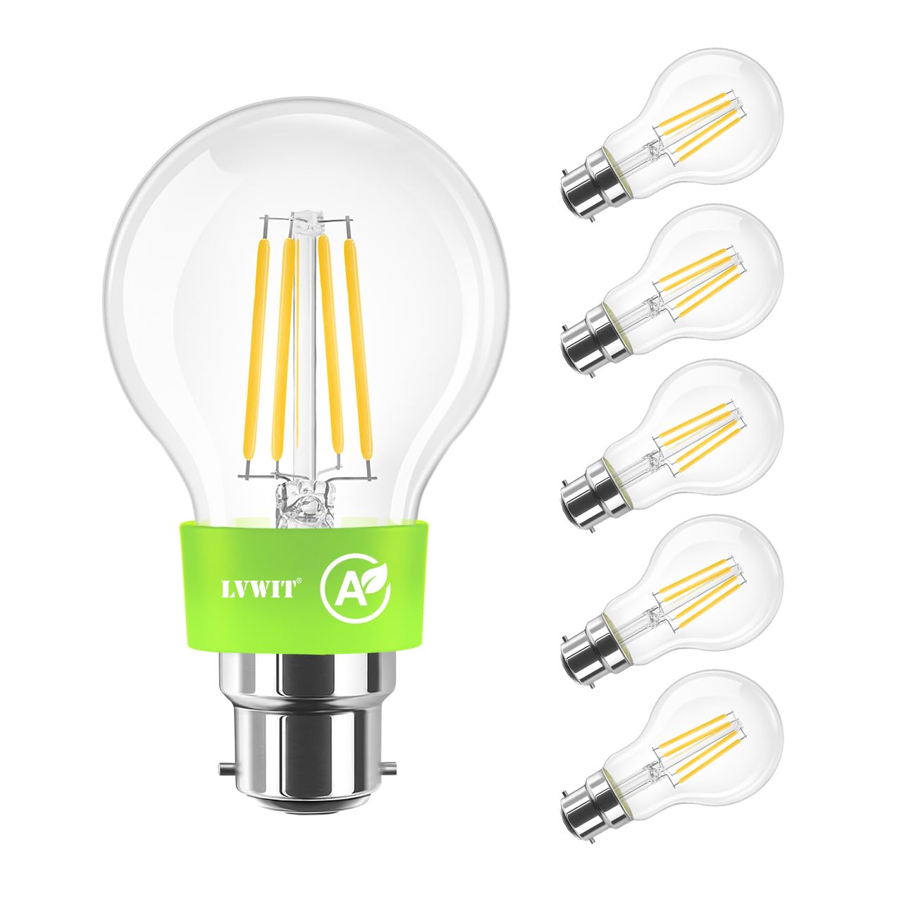 Lvwit An-A60-B22-Ultra-Efficient Class A B22 Bulb,Ultra-Efficient Led Filament Light Bulb,60W Bayonet Light Bulbs,3.8W Energy Efficient Light Bulb, A-Class Warm White Light Bulbs Bayonet,806Lm,2700K,Non Dimmable (6 Pcs,Clear)