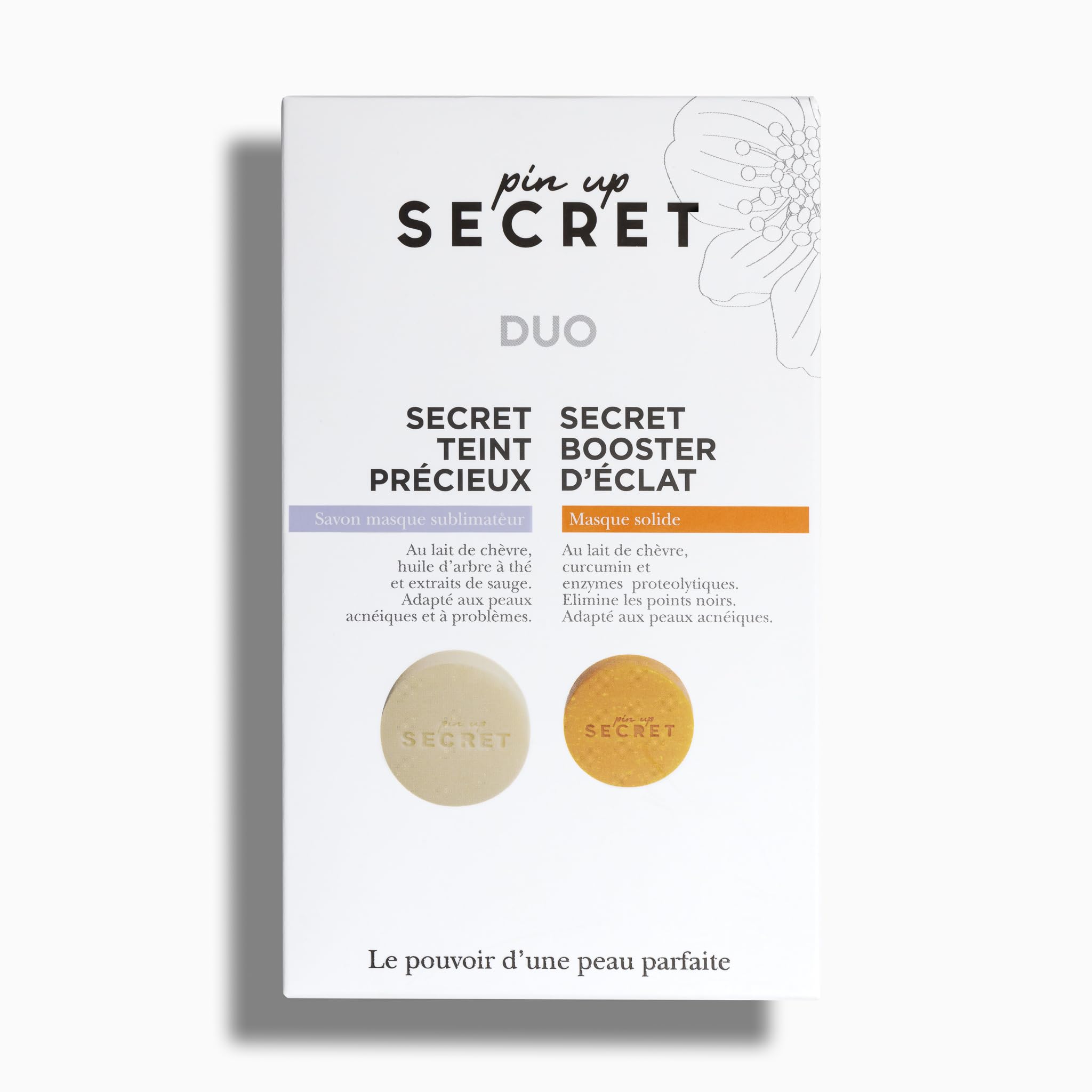 PIN UP SECRET - Duo-Set mit Ziegenmilch & Kurkuma - 1 Seife Secret Teint Précieux und 1 Maske Secret Booster d'Éclat - Reinigt das Gesicht - Beseitigt Unreinheiten & Mitesser - Alle Hauttypen