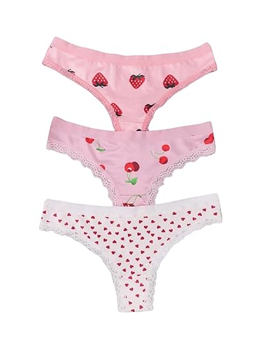 WDIRARA Women's 3 Pack Cute Graphic Panties Set Lace Trim Low Rise Comfy Thong Underwear - Large - Pink
