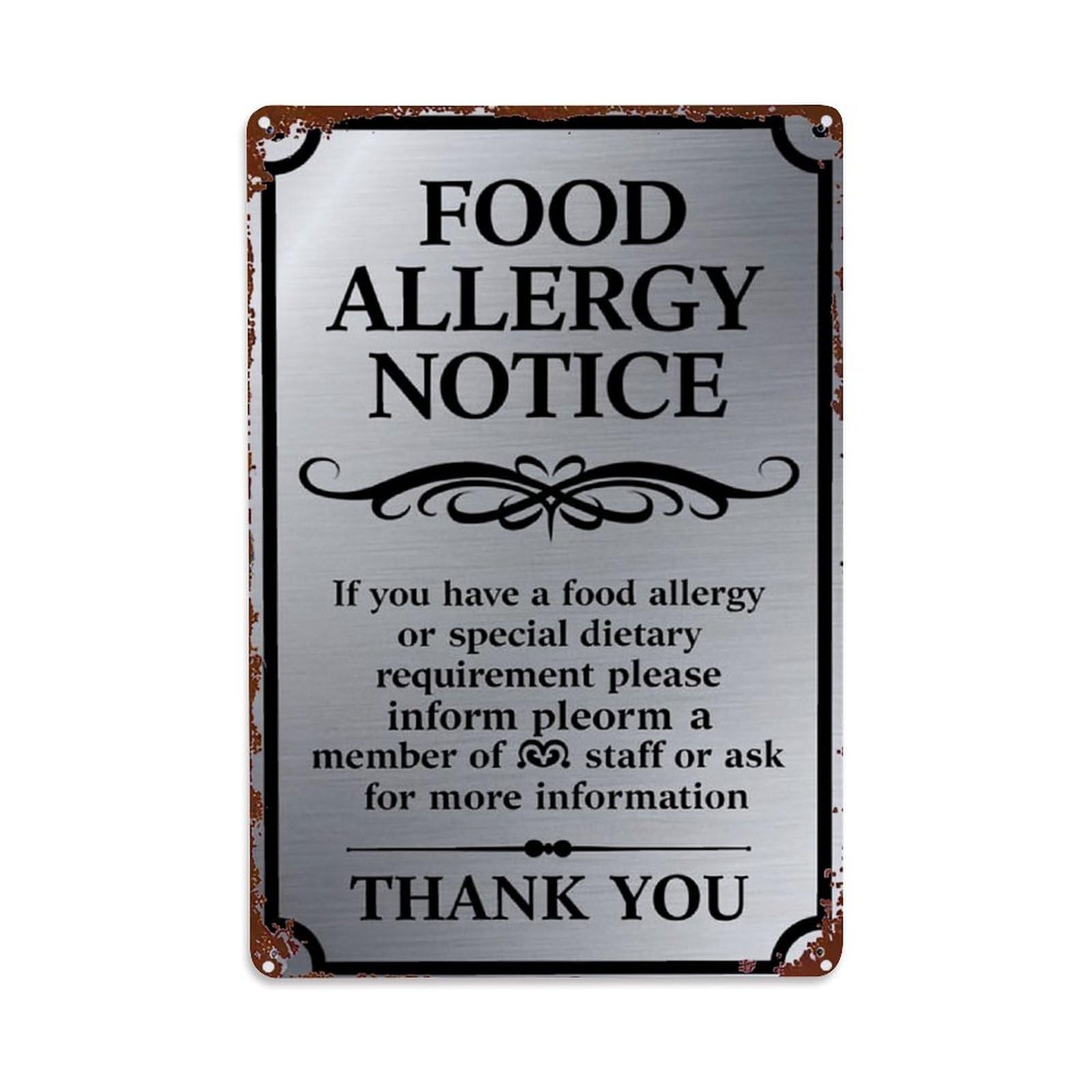 Jdfenggu Vintage Food Allergy Notice Sign Metal Retro Metal Tin Sign, Decor Art Poster For Bar, Home, Man Cave, Kitchen, Laundry Room Gift 8X12inch