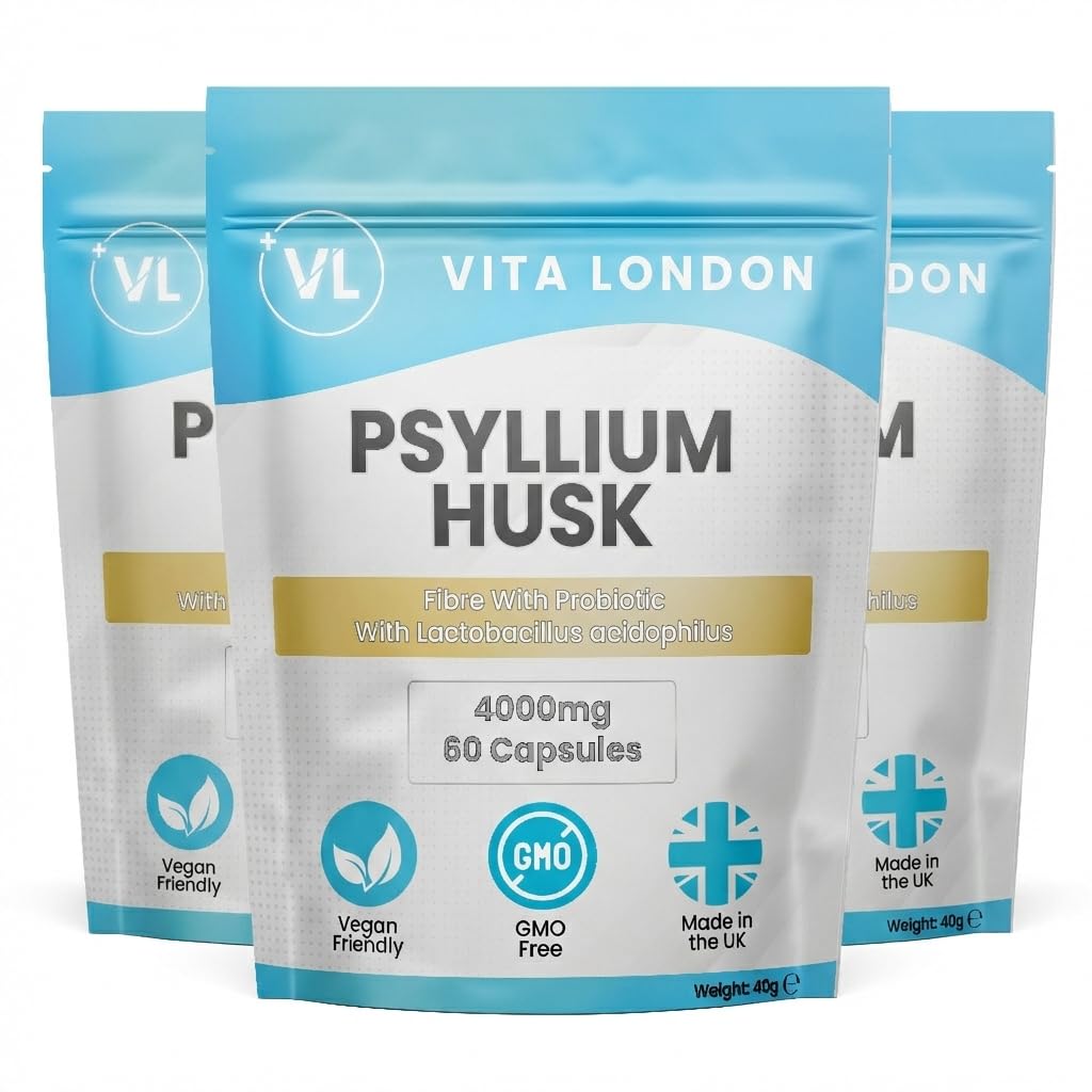Psyllium Husk Capsules 4000mg | Fibre Supplement with Acidophilus Probiotic | 180 Capsule for Men & Women (Not Powder or Tablets) | Vegan, UK Made