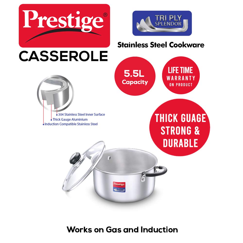 Prestige 24cm/5.5L Tri-Ply Stainless Steel Splendor Casserole with Glass Lid|Gas and Induction Compatible| Even Heat Distribution|Strong and Durable| Perma-Cool Handles