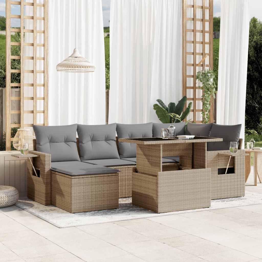 Set Divani da Giardino 7 pz con Cuscini Beige in Polyrattan Resistente, Modulare, per Terrazza, Balcone, Patio, Veranda, Esterno, Arredo Relax e Pranzo