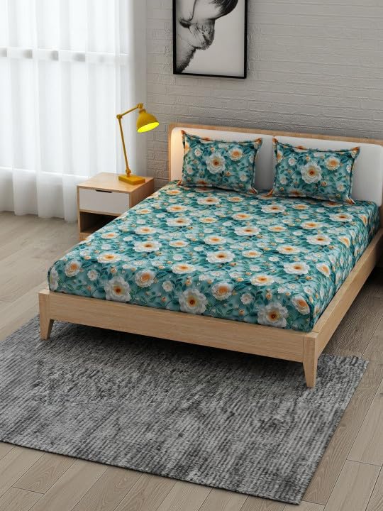 Image of 350 TC Premium Heavy Cotton Feel Elastic Fitted Bedsheet King Size with 2 Pillow Covers || Double Bed with All Around Elastic (Sly Blue7D, Fitted - 72 inchx78 inch King)