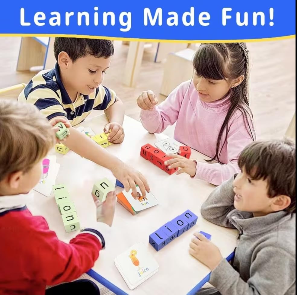Image of Kiddie Galaxia Wooden Alphabet Spelling Game Montessori Learning Toy for Kids Educational Game for Word Building, Spelling & Early Aducation Toy 3+ Years 20 Letter Cubes 64 Flashcards 1 Bell