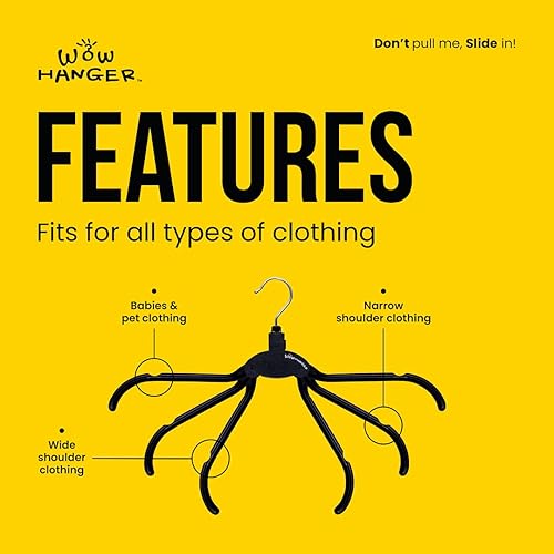 Miniatura 5 de The Wow Hanger, 3 perchas diferentes en uno! Ajuste para todo tipo de ropa. Ajustable, fácil, negro, (paquete de 5)