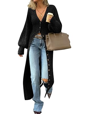 Saodimallsu Womens Long Cardigans V Neck Button Down Chunky Knit Dusters Sweater Coat Fall Trendy Maxi Sweater Dress