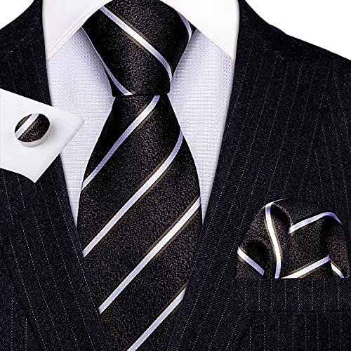 Image of Barry.Wang Tie Sets for Men Silk Stripe Necktie Woven Checkered Handkerchief Cufflinks Formal Business Wedding