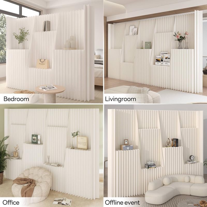 Folding Paper Room Divider with Cube Storage Shelves, Portable Partition Wall Privacy Screen for Home Office Enterprise Exhibitions Shopping Mall Decoration