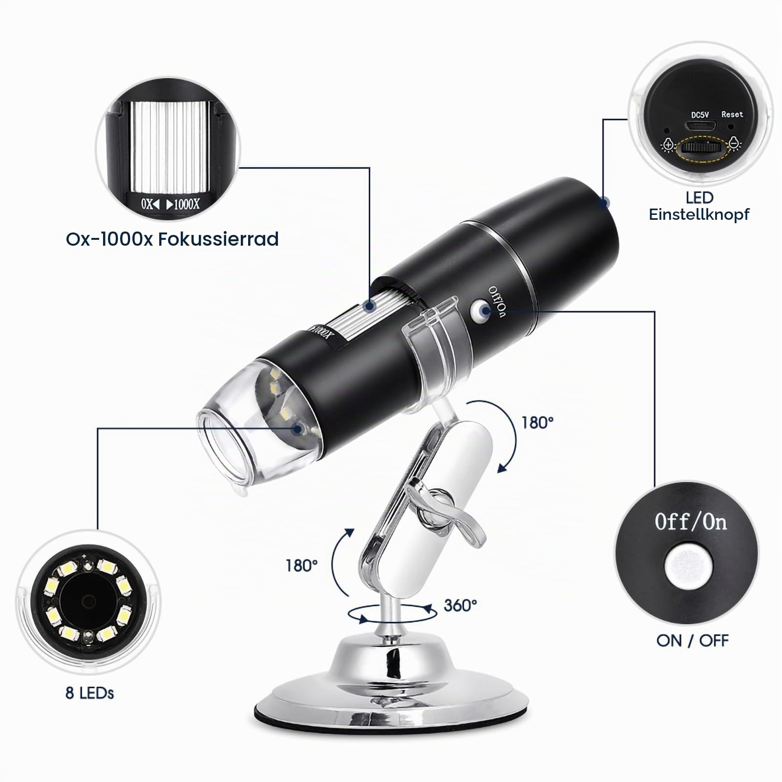 WiFi USB Digitales Mikroskop 50X-1000X Vergrößerung, Tragbares Mikroskop mit Foto- und Videofunktion, Kabellose HD Endoskop Kamera 8 LEDs, mit Metallständer