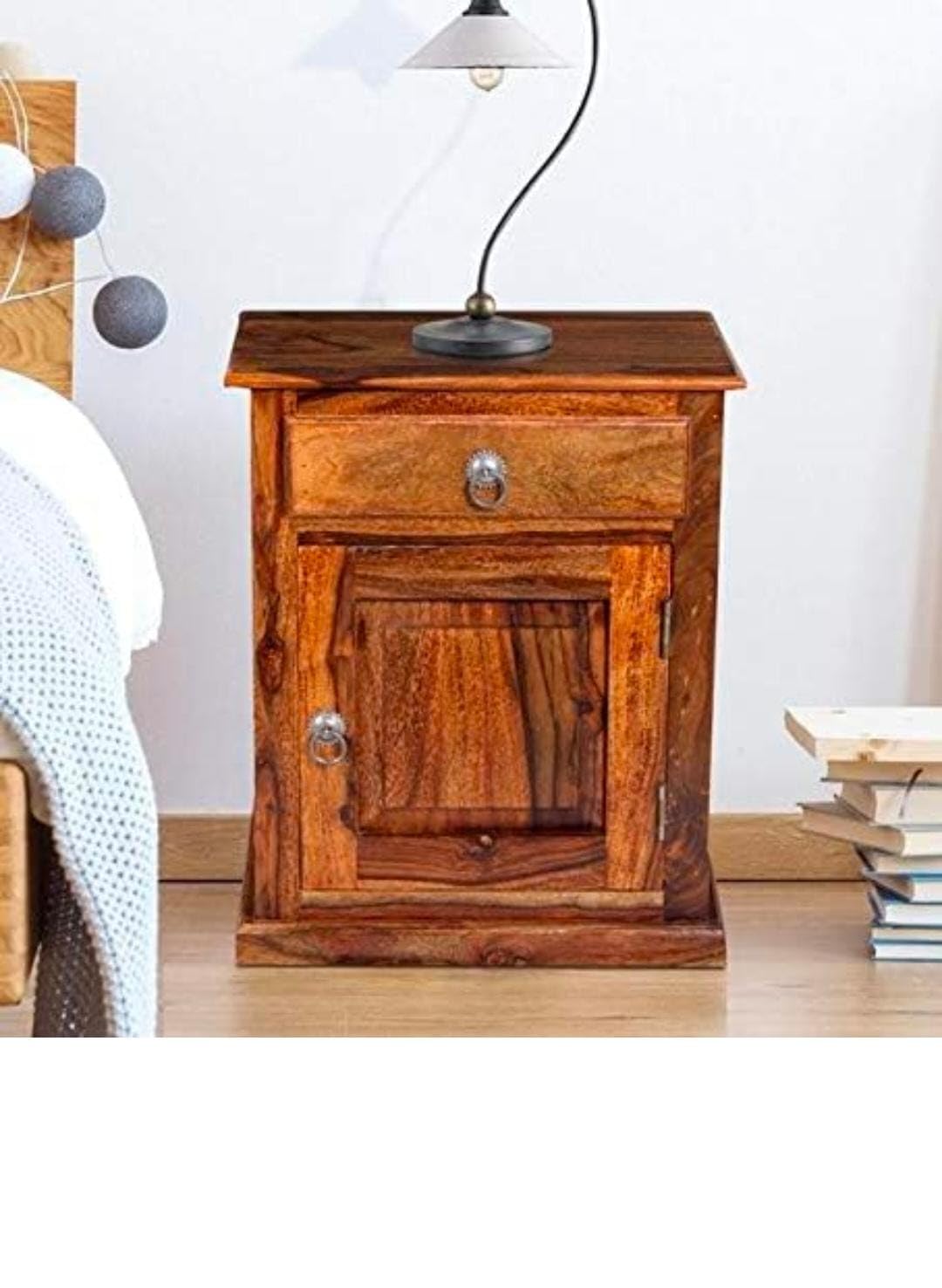 Furniture Decore Handcrafted Sheesham Wood Bedside Table with Tiled Drawer & Block Cabinet Door | Walnut Brown Finish | Compact Bedroom Side Table | Dining Room-image-20