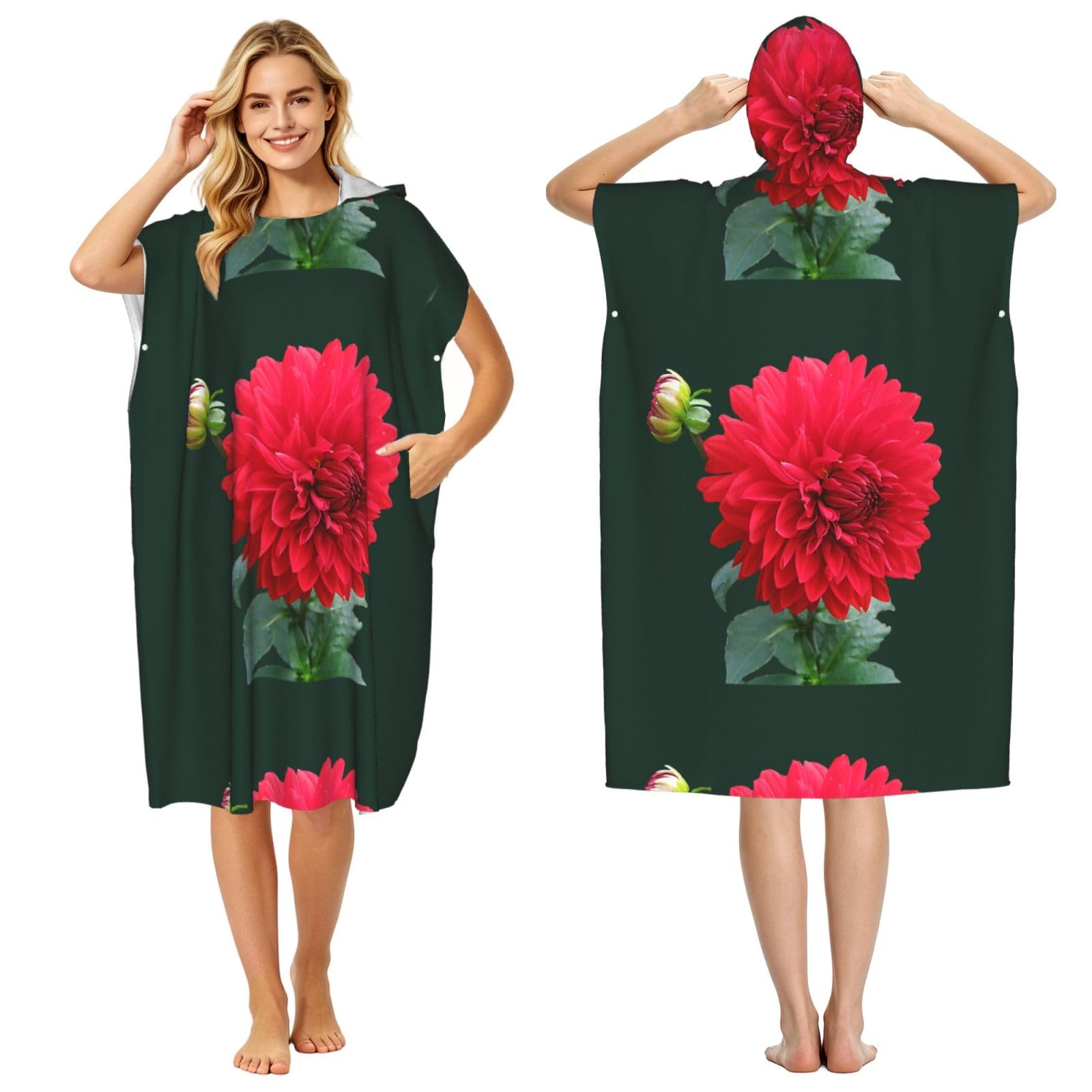 Poadnly Red Dahlia, Adult Hooded Beach Towel 90 x 110 cm,Changing Bath Robe, Surf Poncho Towel For Women Men
