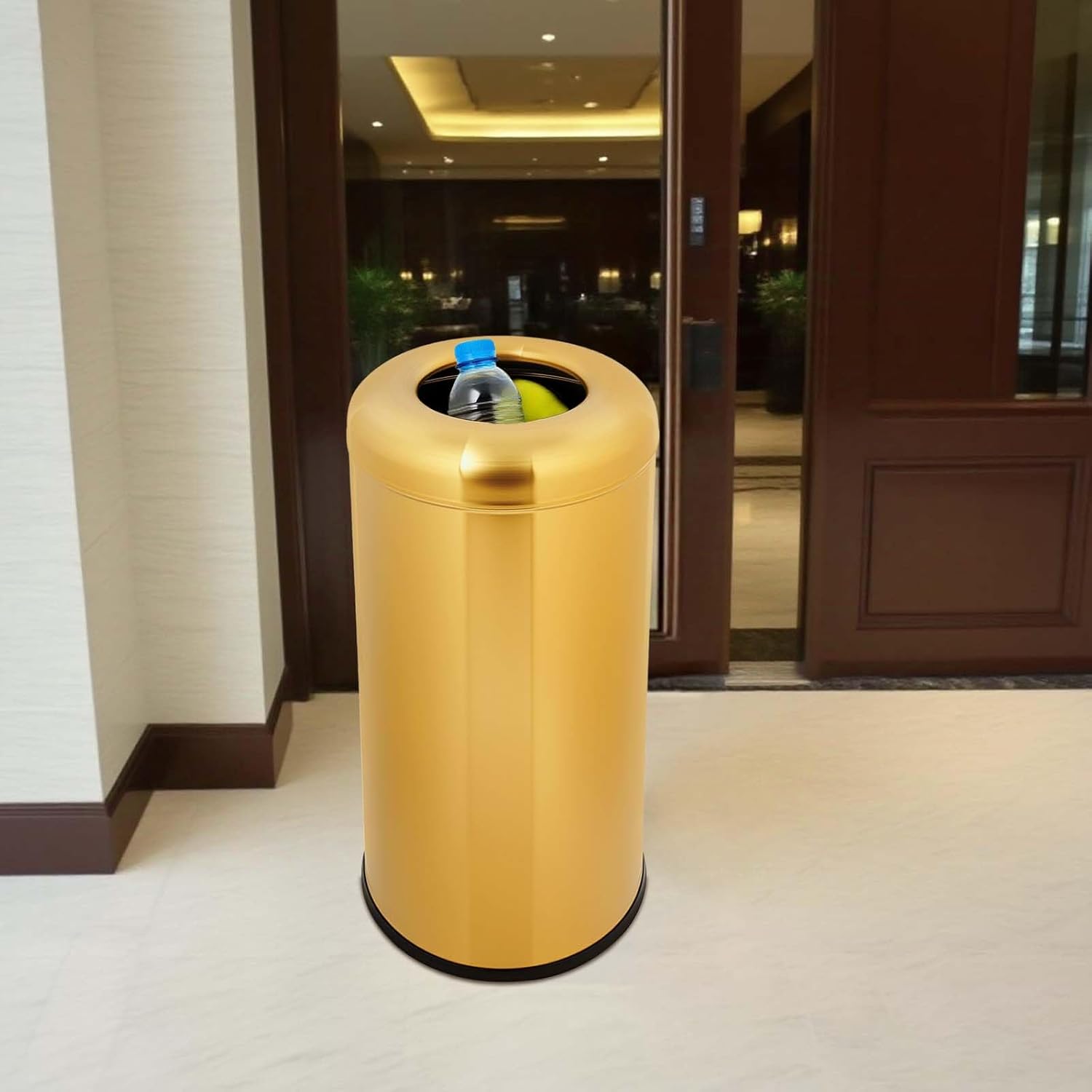 Commercial Trash Can 58.6L/15.48Gal Stainless Steel Rubbish Bin Open Top Waste Container with Lid Inside Barrel Modern Cylindrical Garbage Can for Office Mall Hotel (Gold)