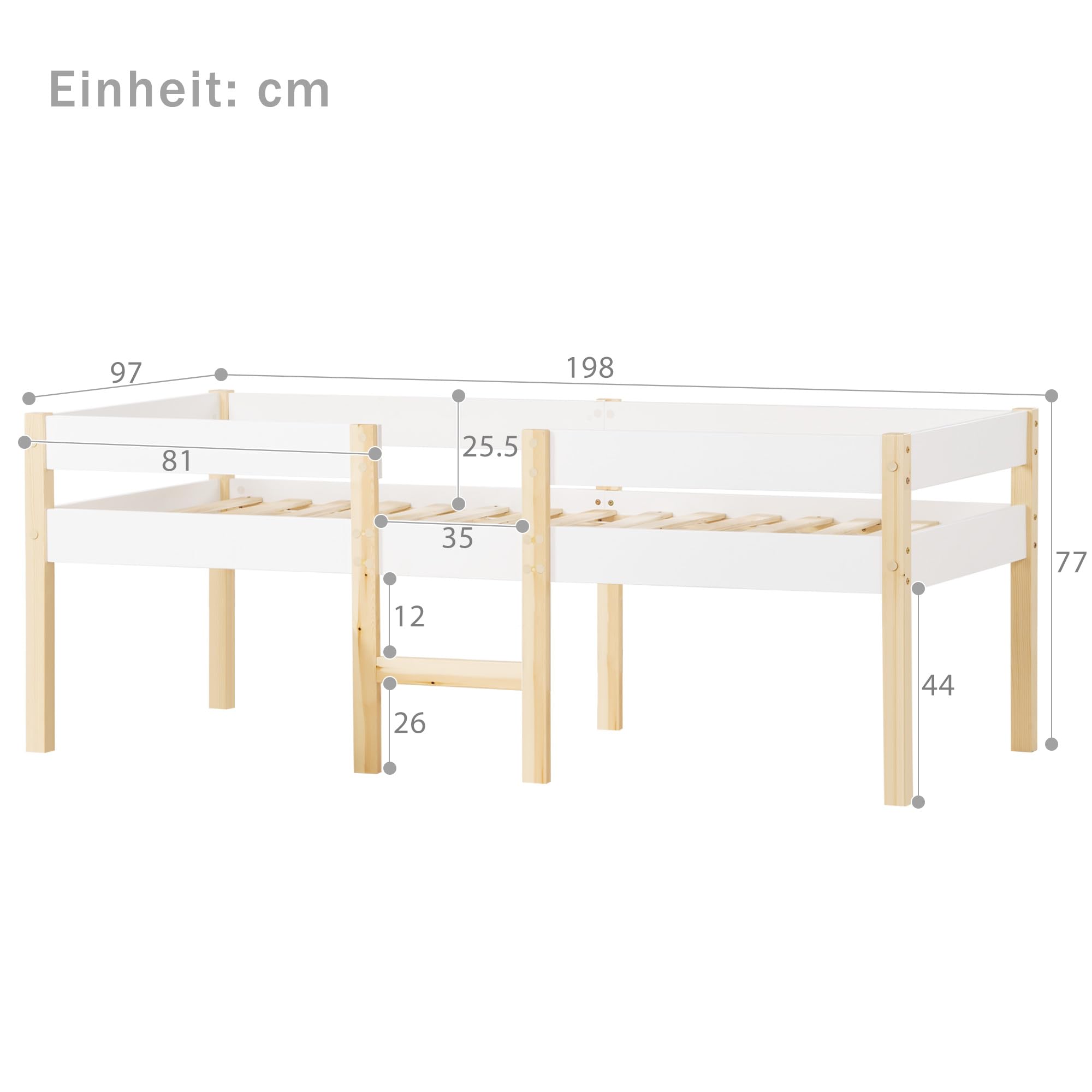 KOMHTOM Lit d'enfant en Mezzanine avec Clôture de Sécurité et Rangement sous lit,Cadre de lit avec Sommier à Lattes en Bois(sans Matelas) (90x190CM)