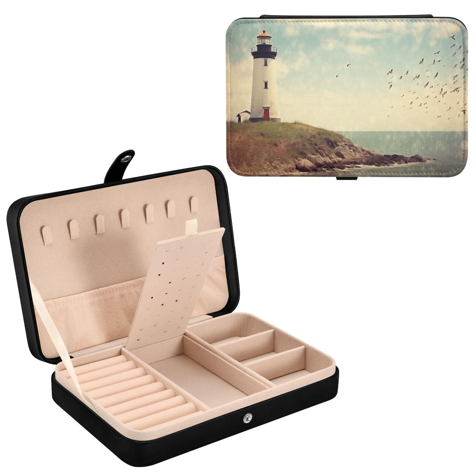 Haskirky Lighthouse Jewelry Box Portable PU Leather Travel Jewelry Organize for Women Jewelry Storage Display Holder for Ring, Necklace, Earring