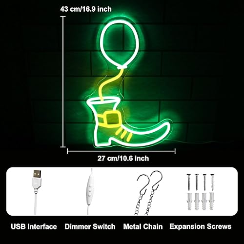 Miniatura 3 de Letrero de neón con diseño de bota de la suerte, decoración del día de San Patricio, luces LED de neón de color verde y amarillo, regulables, para