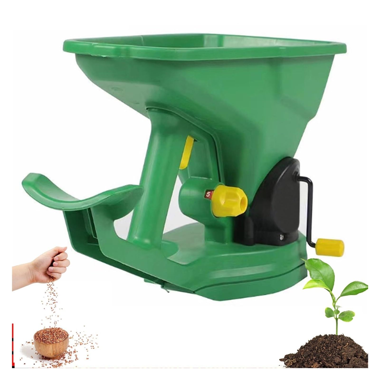 Sembradora de jardín manual inalámbrica, capacidad de 1,5 L, manivela de mano con válvula ajustable de 5 niveles para fertilizante de césped, semillas de césped y derretimiento de hielo de invierno