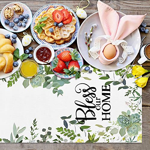 Spring Flower Table Runner: Bless Our Home Tabletop Cloth Dinning Room Decor- Greenery Eucalyptus Floral Seasonal Holiday Kitchen Dinning Home Decoration 13" X 72" #TOP2