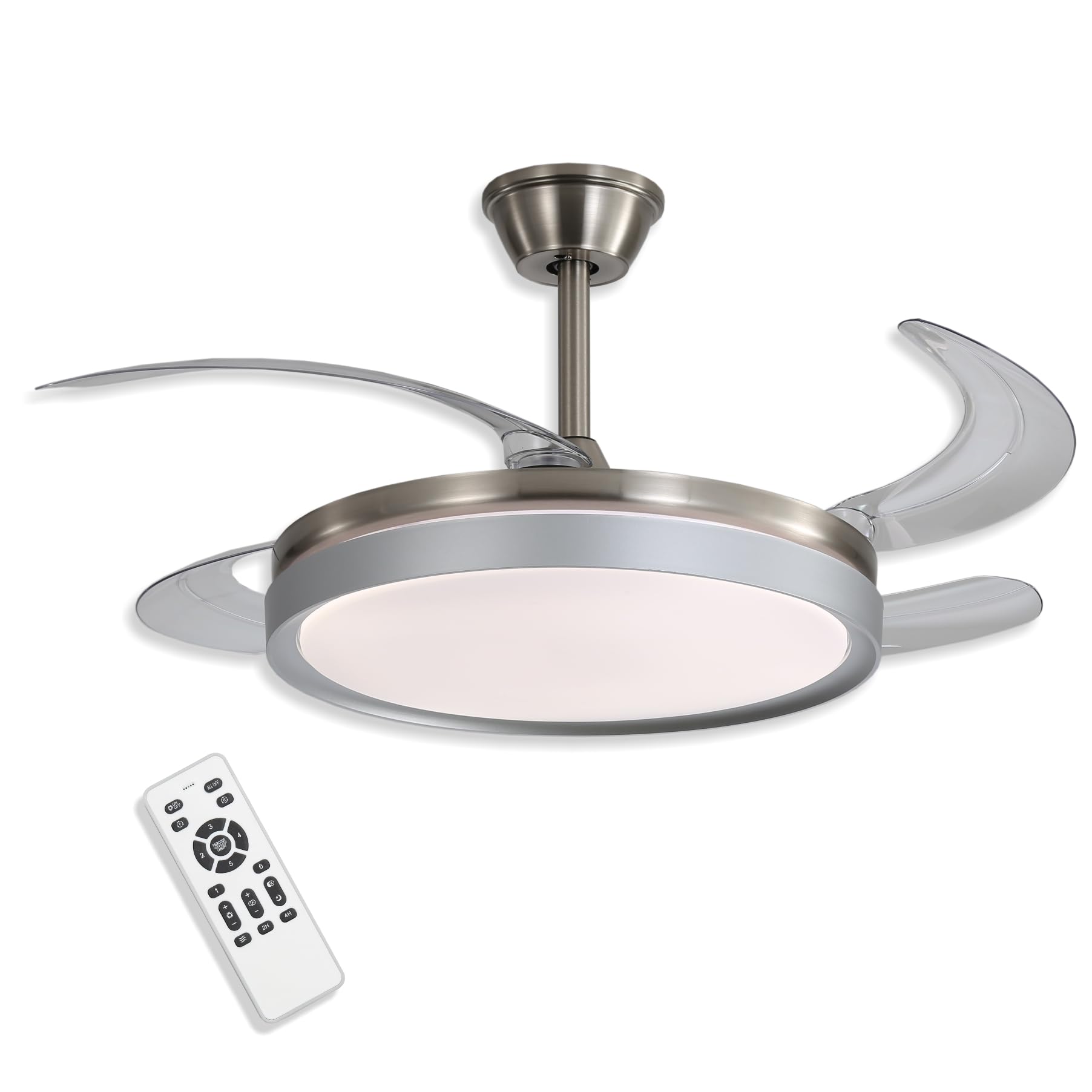 Ventilador de Techo 42" LED 48W Níquel Cepillado – Motor DC Silencioso, Aspas Transparentes retráctiles, 6 Velocidades, Reversible, Mando a Distancia