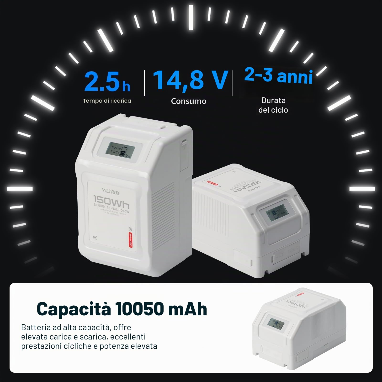 VILTROX BP-V150 V Mount Battery 10050mAh V Lock Batteria con Display LCD,Doppio D-Tap Uscita USB 150Wh/14,8V,Bianco Mini V-Mount Battery per Fotocamere,Videocamere,luci LED,Monitor,MacBook Smartphone