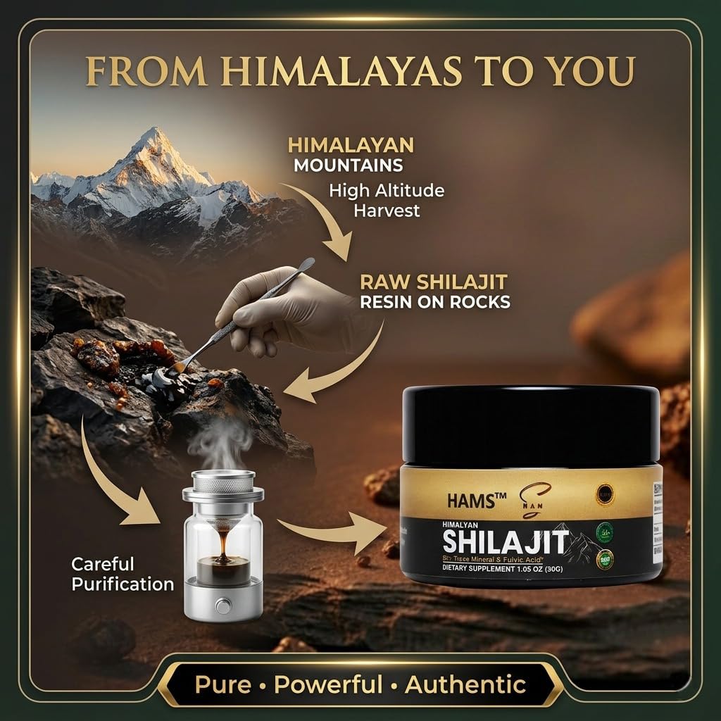 HAMS Resina Pura de Shilajit del Himalaya, Auténtico Mumijo con Más de 84 Minerales Traza, Alta Potencia con Oro Elemental y Ácido Fúlvico, Probado en Laboratorio, Vegano, 30g