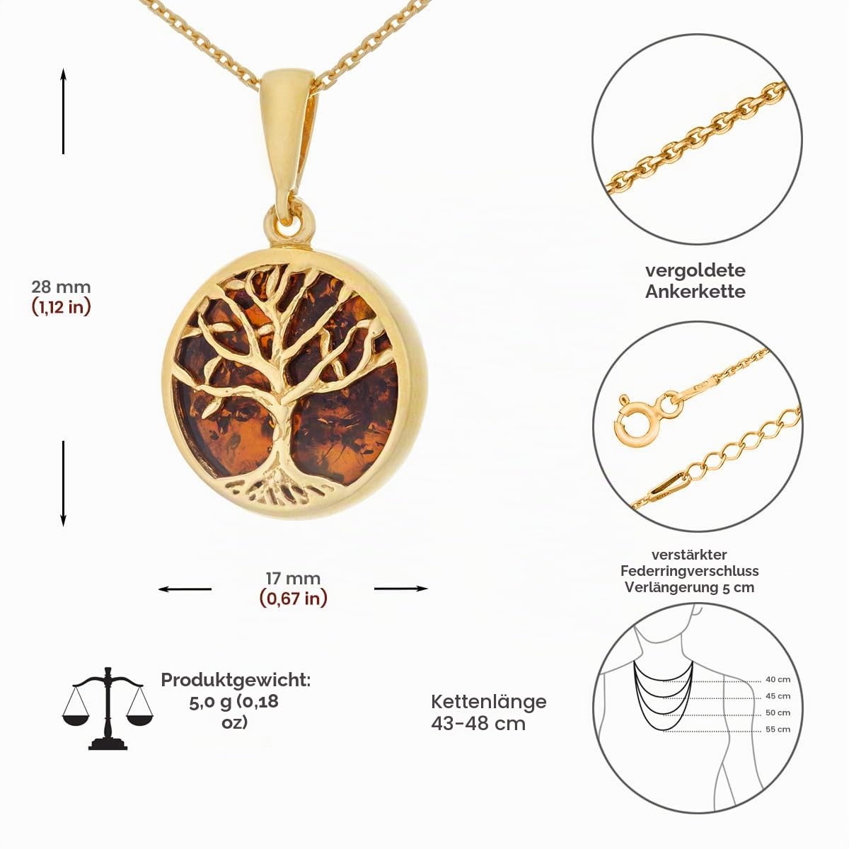 Damen Kleine Halskette Baum des Lebens mod. 08 mit Bernstein, Vergoldetes Sterling Silber, Bernstein in Kognakfarbe, Vergoldetes Anhänger mit Kette
