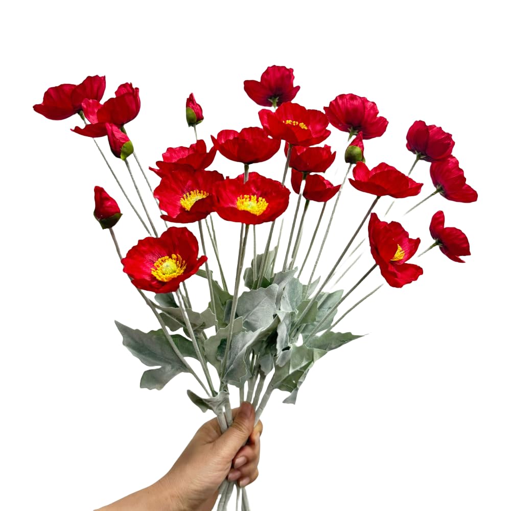 Urier Poppies Flowers Artificial,Ranunculus Artificial Flowers,Silk Flowers with Stems,Faux Flower Stems for Wedding,Party,Garden Outdoor Indoor Decor Flower Arrangements for Table (6