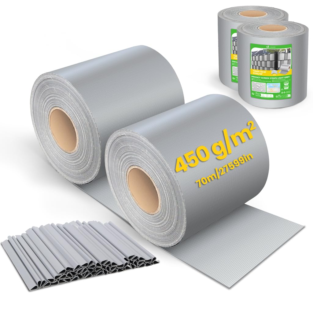 VOUNOT® PVC Privacy Screen Strips 450 g/m² Garden Privacy Fence Screen 140m x 19cm Double Rod Mats with 80 Clips for Deck, Patio, Balcony, Light Grey