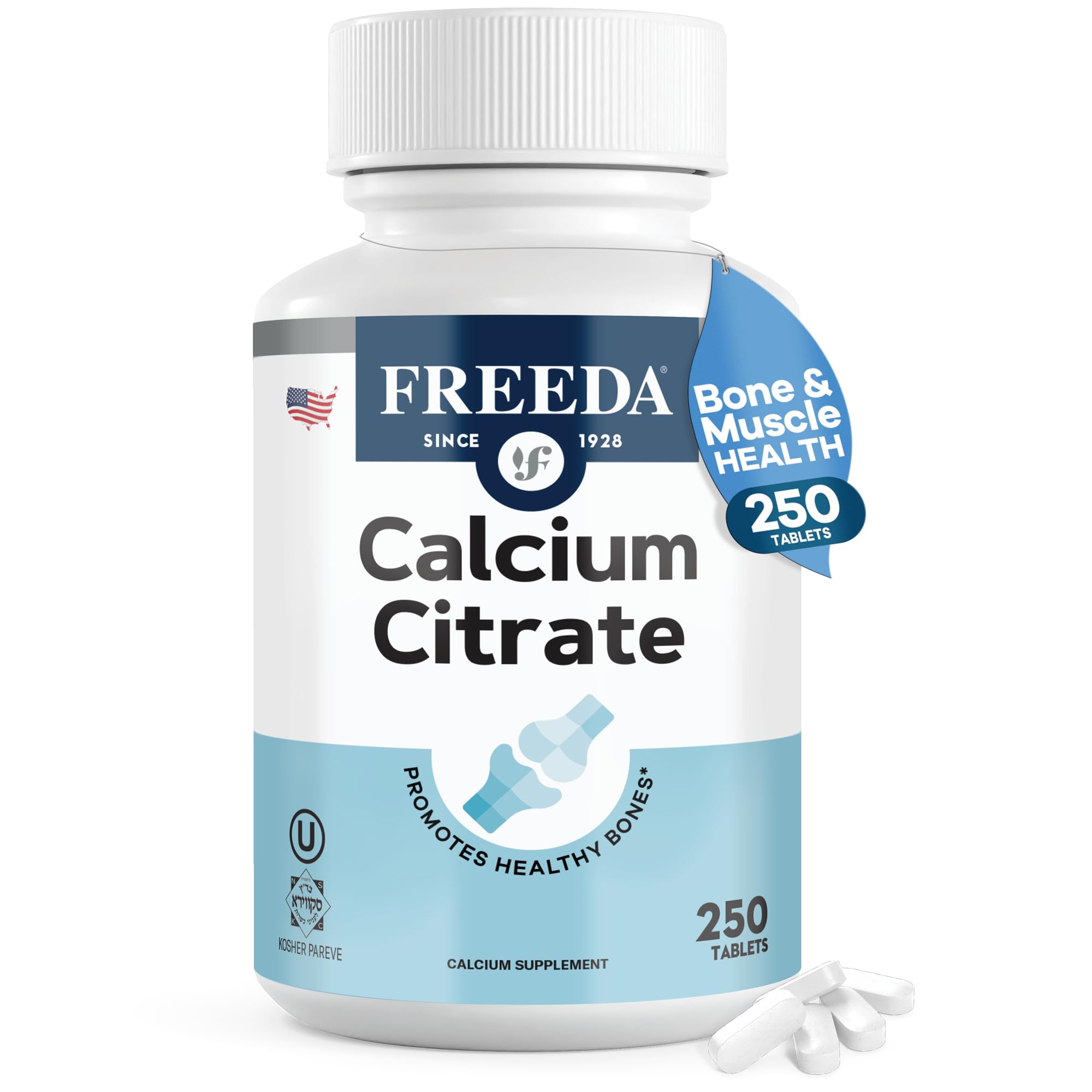 Freeda Pure Calcium Citrate 1000mg per Serving – Kosher Vegan Bone Strength Supplement – Supports Bone Density & Muscle Function – Calcium Supplements for Women and Men – No Vitamin D (250 Tablets)