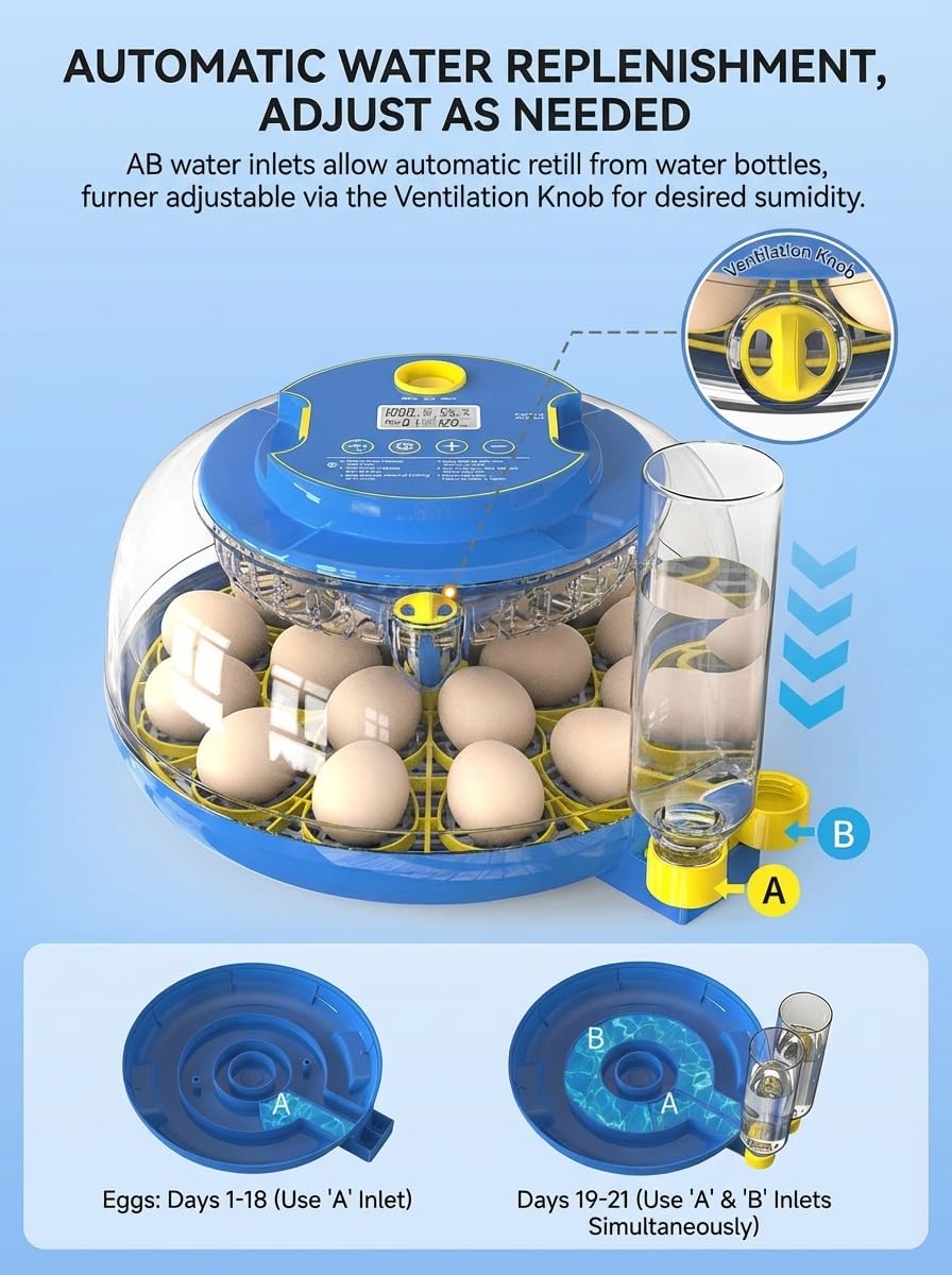 Incubadora Automática de 18 Huevos con Volteo, Monitor de Humedad y Ovoscopio – Para Pollos, Patos y Codornices
