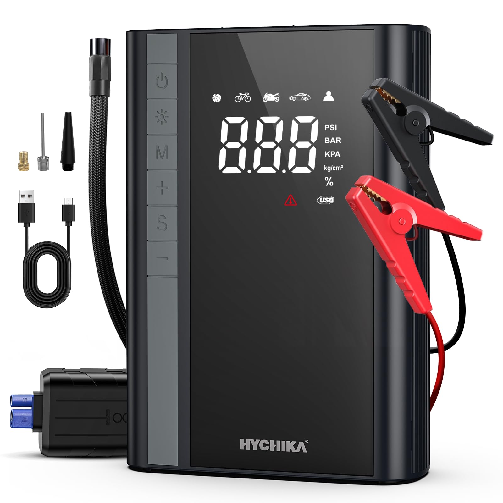 HYCHIKA Arrancador de Coches - Arrancador de Baterias de Coche con Compresor de Aire Carga Rápida/Luz LED de 600 lúmenes(para 6L Gas o 4L Diesel) 1500A 12V Jump Starter