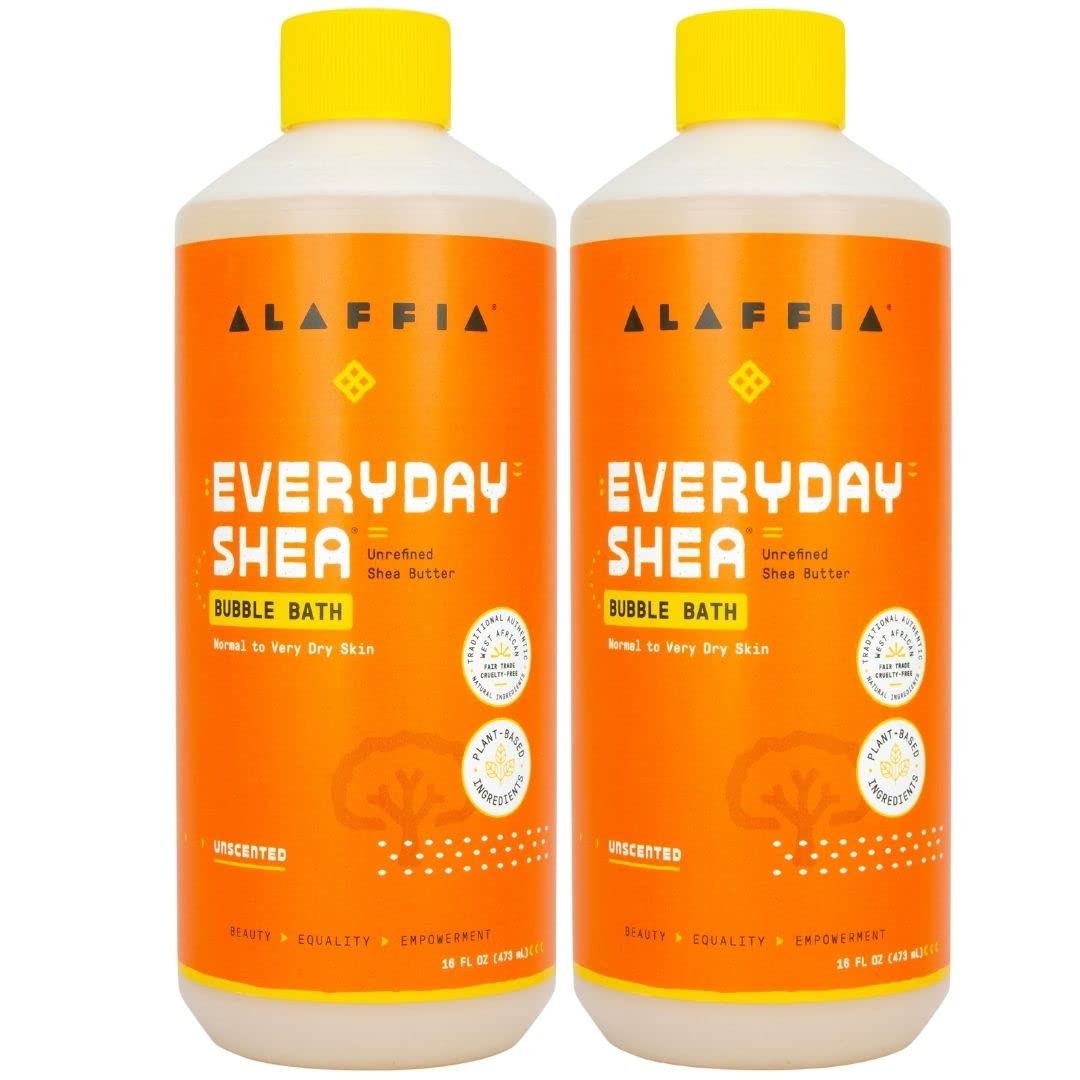 Alaffia Everyday Shea Bubble Bath, Soothing Support for Deep Relaxation and Soft Moisturized Skin, Made with Fair Trade Shea Butter, Cruelty Free, No Parabens, Vegan, Unscented, 2 Pack - 16 Fl Oz Ea