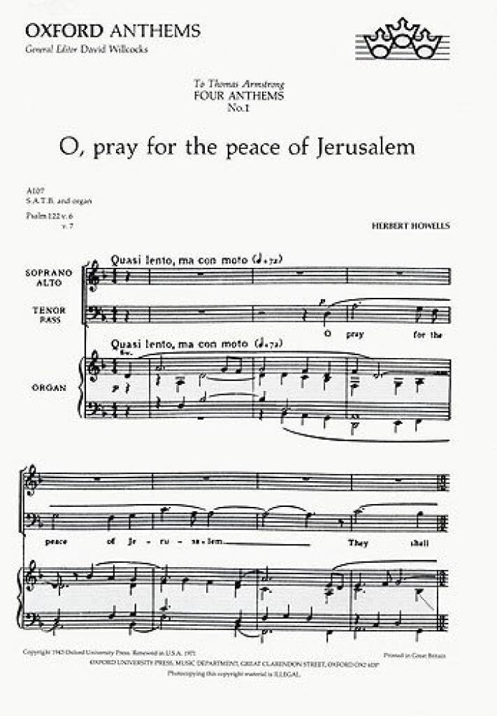 O pray for the peace of Jerusalem: Vocal score