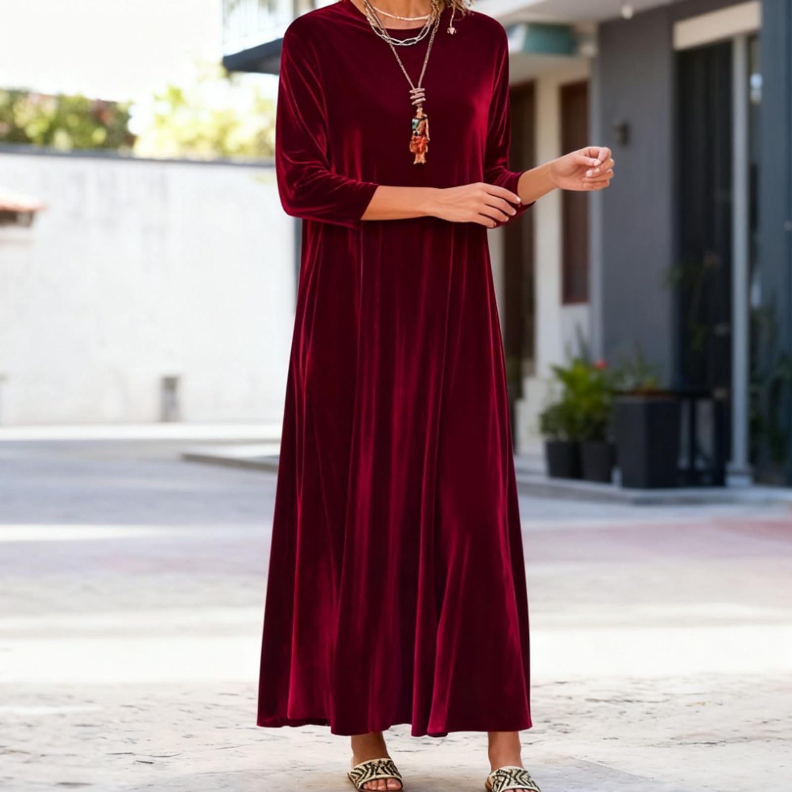Robe longue en velours pour femme - Col rond - Manches longues - Coupe ample - Idéale comme tenue d'invité de mariage - Idéale pour les cocktails, les soirées