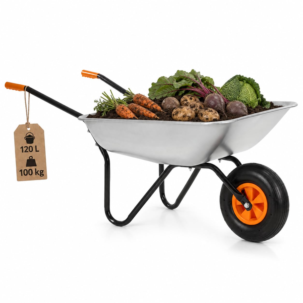 Springos Brouette de 120 L avec pneus à air et bac en acier galvanisé, capacité de charge jusqu'à 100 kg, pour jardin, construction, patio, atelier, couleur argent et orange