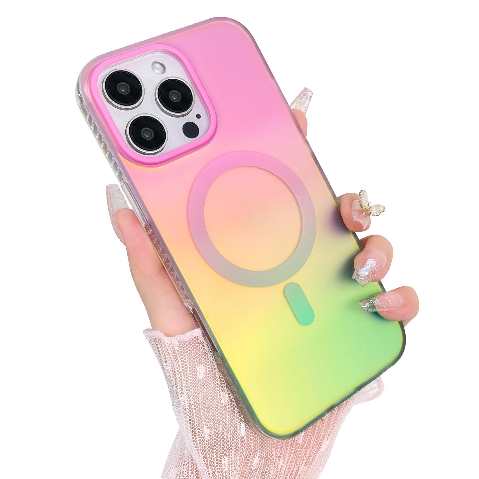 Heaofei Aesthetic Case for iPhone 16 Pro Case for Women Girls, Compatible with Magsafe, Cute Girly Trendy Glitter Sparkly Rainbow Magnetic Protective
