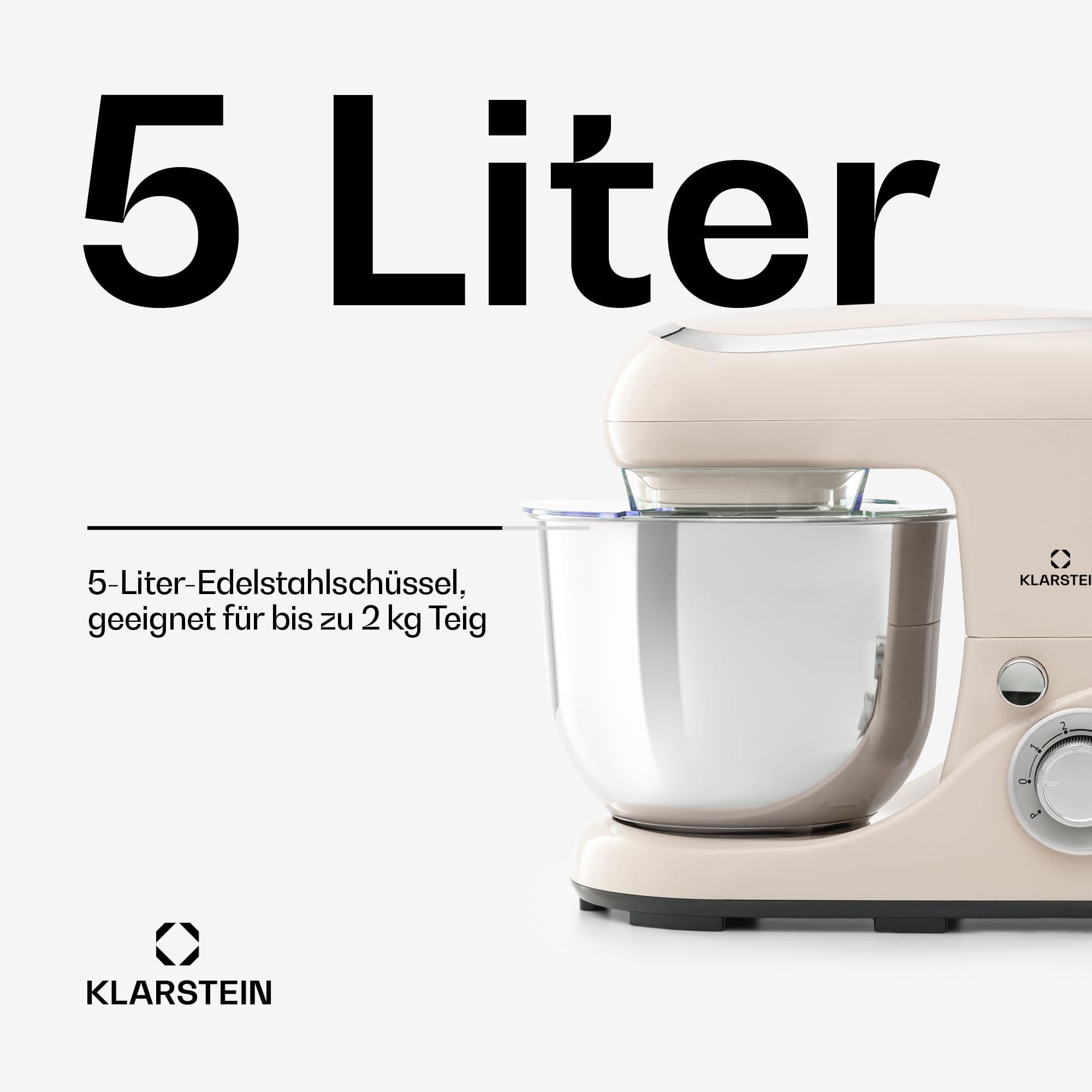 Klarstein Knetmaschine Küchenmaschine zum Backen, 1300W Teigmaschine Klein, 6 Stufen, Schneebesen Rühr- & Knethaken, 5L Schüssel, Planetenrührwerk, Rührmaschine mit Mixer, Küchenmaschinen für Brotteig
