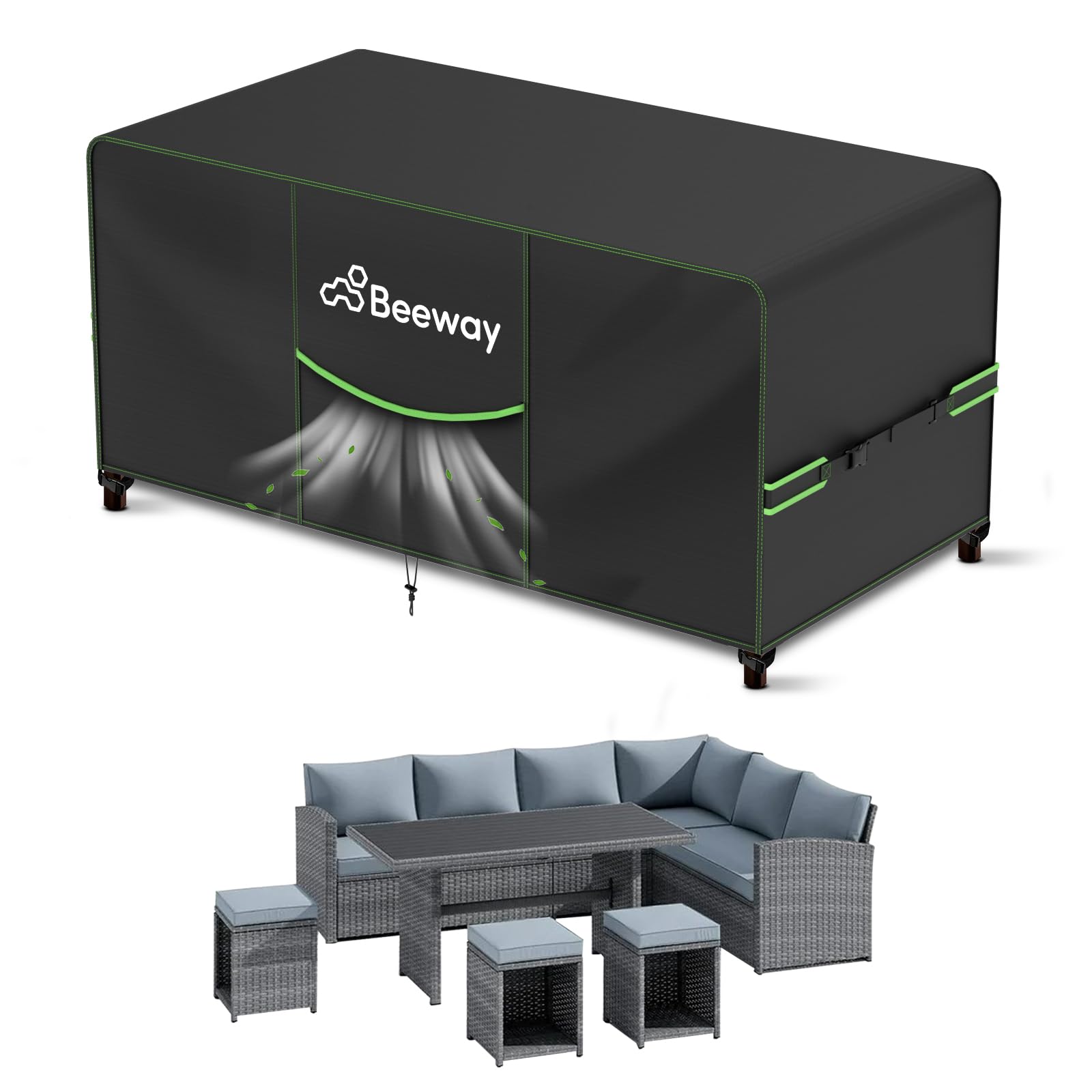 BEEWAY Garden Furniture Cover With Air Vent, Waterproof Patio Rattan Sofa Table Chair Set Cover - 420D Oxford Fabric, Windproof - 242x182x102cm