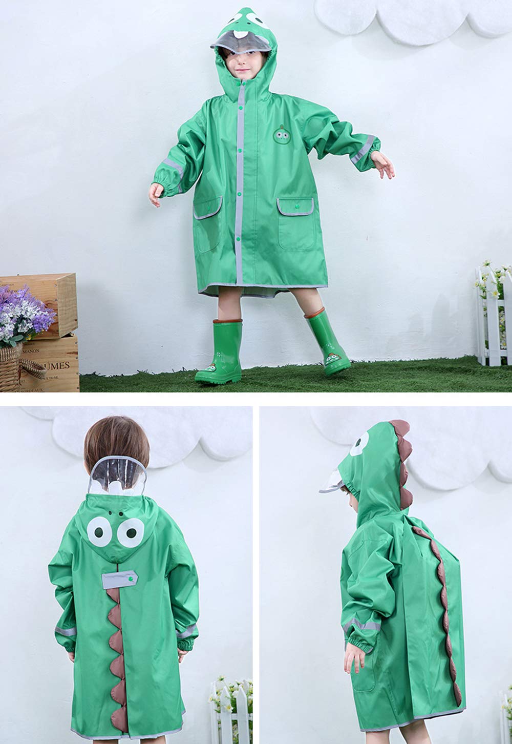 Kids Rain Poncho Toddler Boys Girls Cute Dinosaur Raccoon Cat Shape Waterproof Jacket for Age 2-10 Green