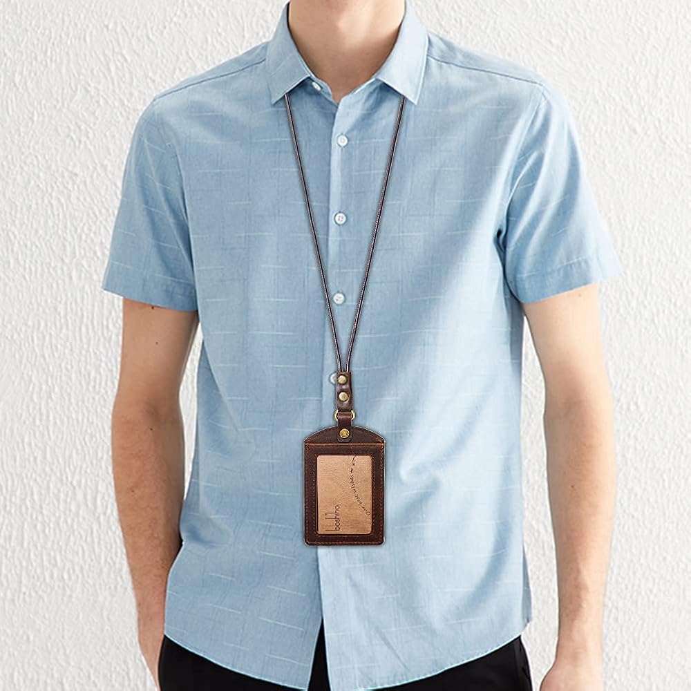 Amazon | [boshiho] IDカードホルダー 縦型 本革 IDカードケース ネームホルダー 両面 2枚カード入れ ネックストラップ付  首掛け 定期入れ 名刺 社員証ケース レディース メンズ 通勤 通学 パスケース (ダーク ブラウン-縦) | boshiho | IDカードホルダー