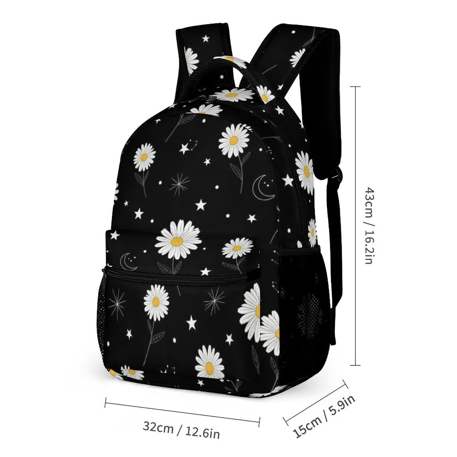 Ensemble sac à dos à motif marguerite soleil et lune avec boîte à lunch, trousse de maquillage et accessoires de toilette.