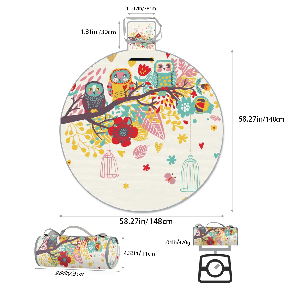 Shimoshe Colorful Twig Owl Picnic Outdoor Blanket Foldable Waterproof Sandproof Beach Blanket Portable Water-Resistant Round Picnic Mat for Travel Camping Park Lawn
