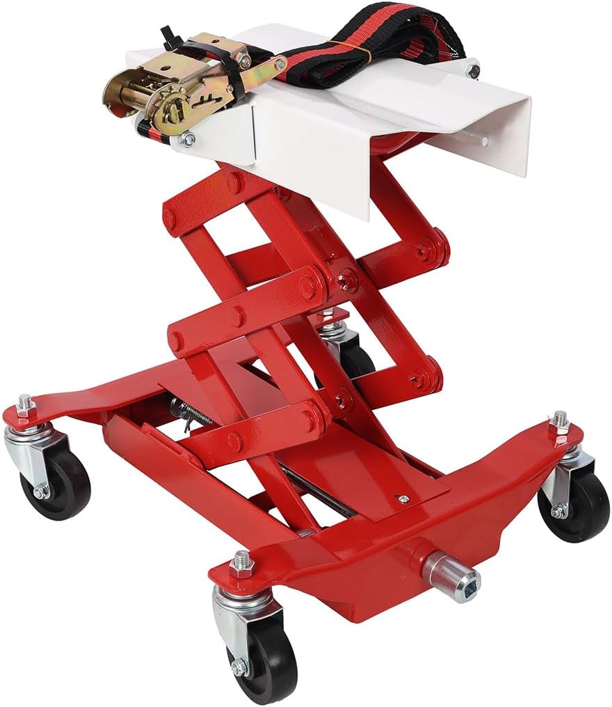Transmission Jack, 450 Lbs Capacity Low Lift Transmission Jack with Nylon Safety Strap, 2-Stage Jack Stand with Foot Pedal, 360 Swivel Wheel, for Transmissions & Gas Tanks on Smaller Vehicles