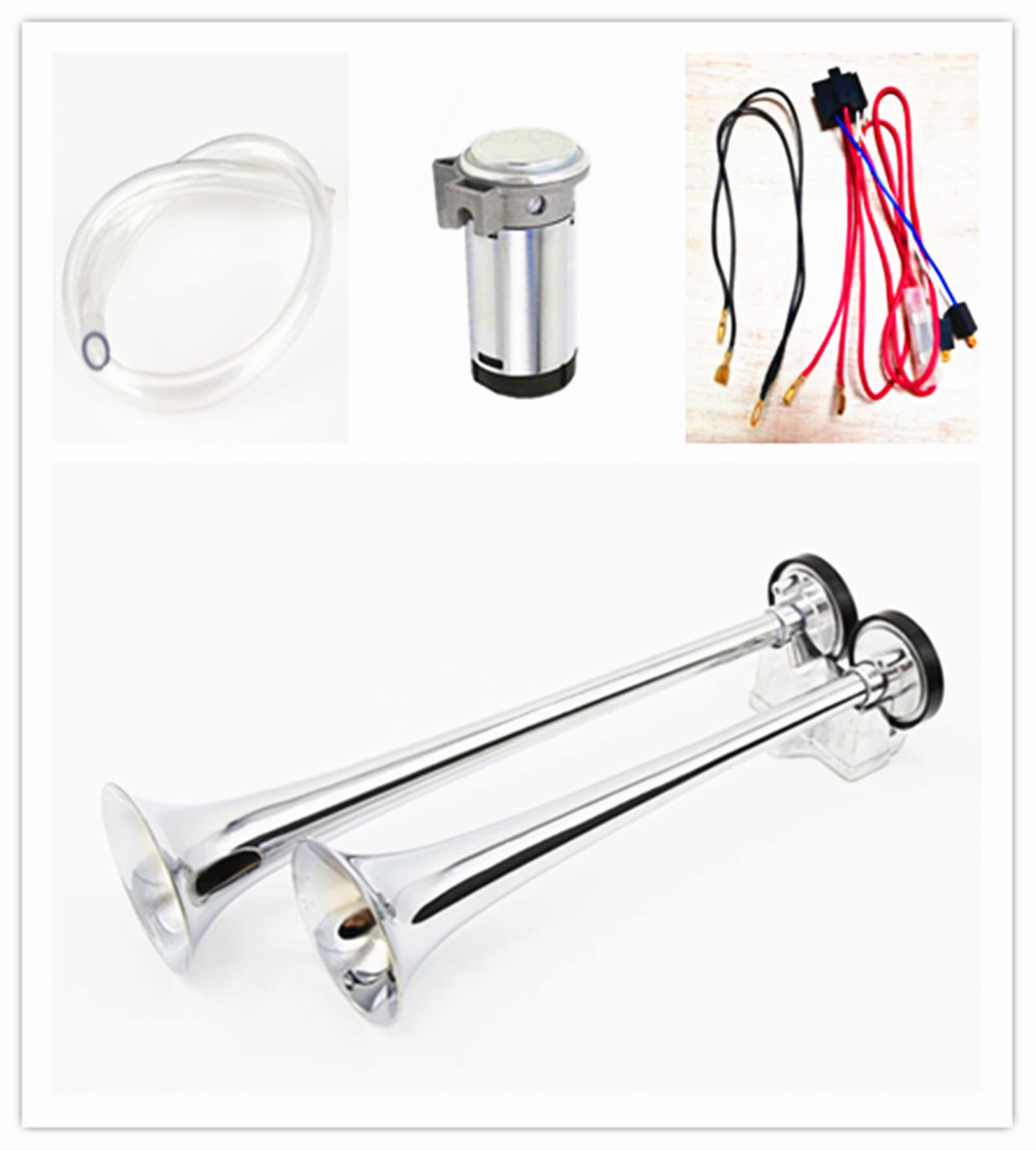 Cuerno de aire Bocina de coche 165db Corneta de aire Tono alto y bajo 24V doble tubo Trompeta Camión Bocina Plateada cromo zinc Car Horn con dos bombas de aire de compresor para 24V coche barco