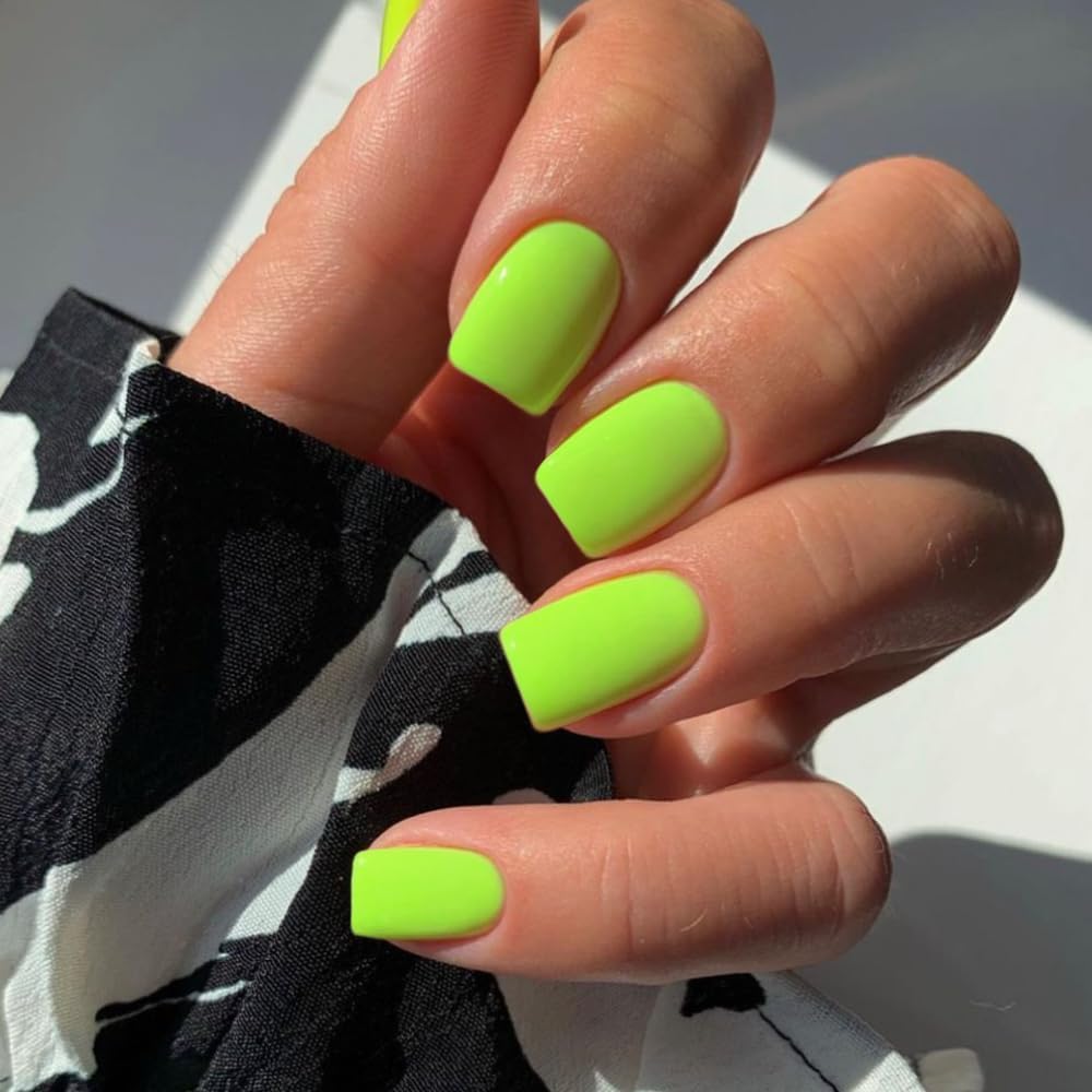 SXVME Neon Green Press on Nails Short Square Acrylic Short False Nails Coffin Natural Acrylic Fake Nails Set Elegant Solid Color Full Cover Glossy Gel Stick on Nail for Women Daily Wear 24 Pcs