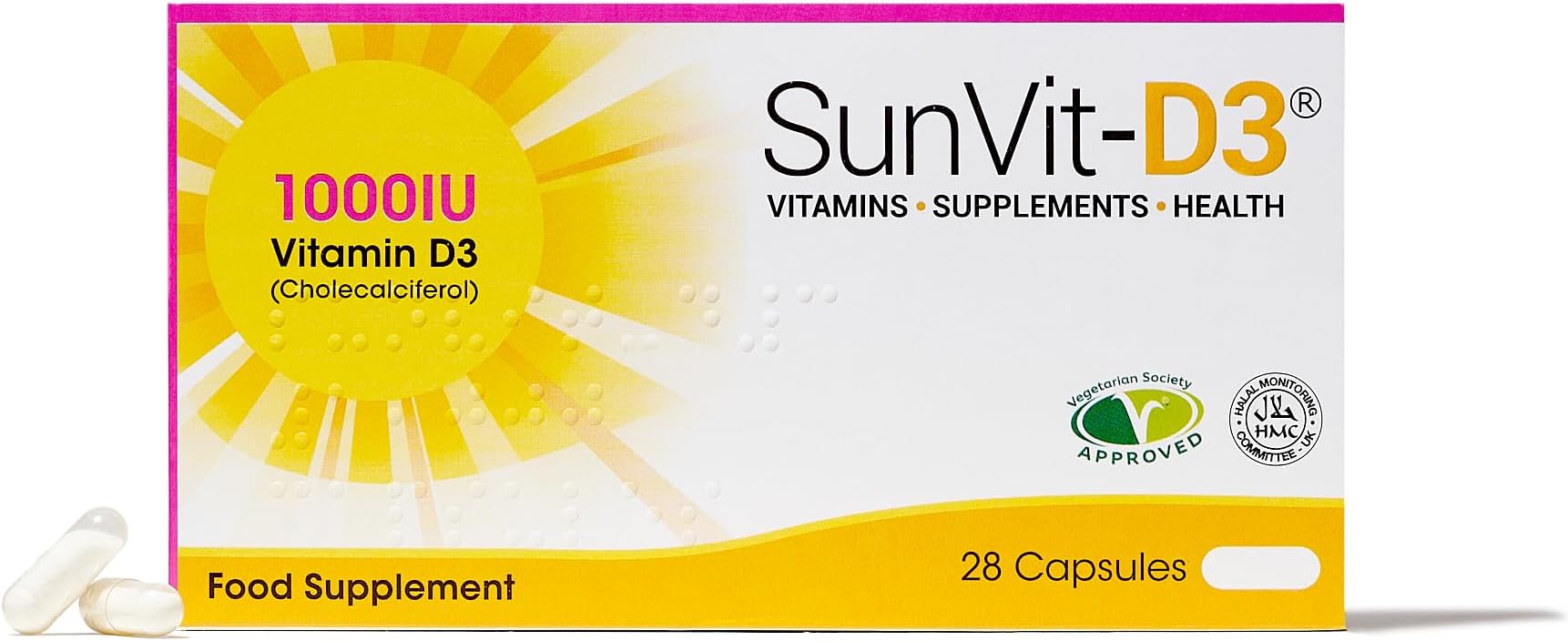 SunVit-D3Vitamin D 1000iu - 28 Vitamin D Capsules | Vegan Vitamin D3 Capsules | Halal Vitamin d Supplement | Vitamin D3 Capsules Support The Maintenance of Bone, Teeth & Muscle Function