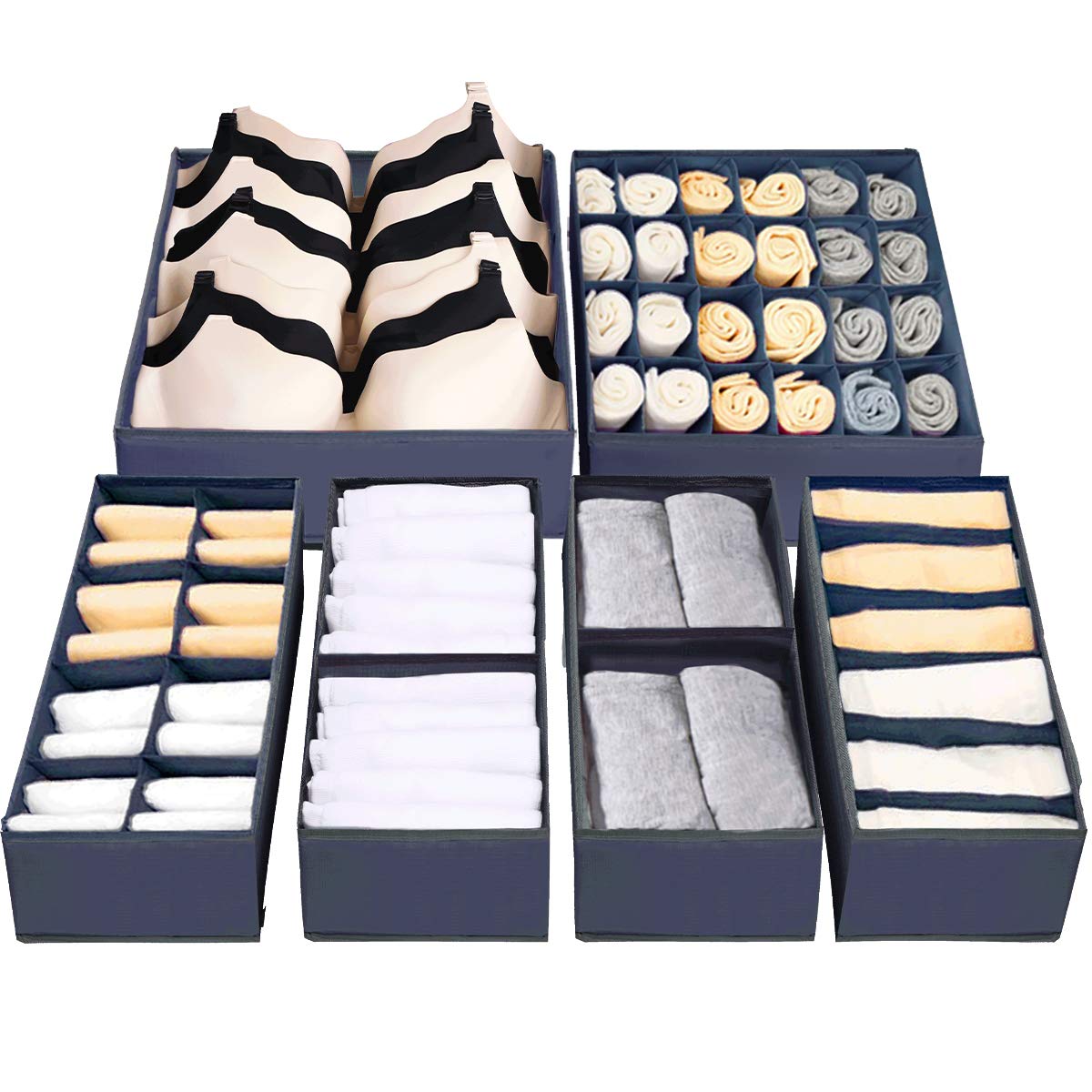 Dresser Drawer Underwear Organizer - Large Drawer Organizer Closet Divider Washable Clothes Bra Sock Tie Foldable Storage Box Drawer Polyester Fabric Baby Cloth Panties Belts Set of 6,Dark Gray