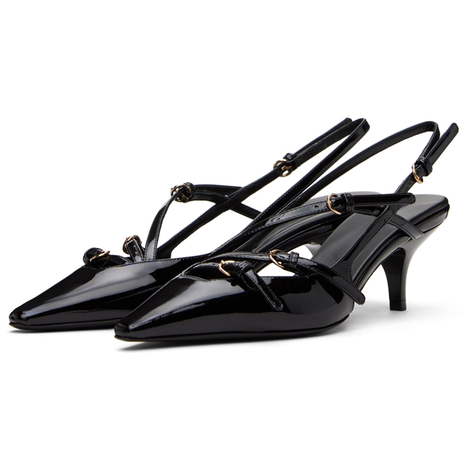 CORNMOODSlingback Kitten Heels for Women Pointed Toe Stiletto Low Heels with Buckle Strap Heeled Pumps Sandals